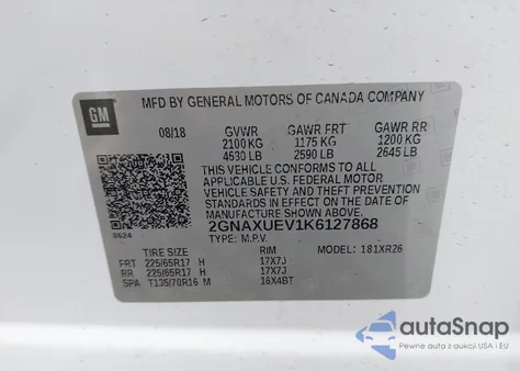 2019 Chevrolet Equinox Lt из США, поврежденный, VIN 2GNAXUEV1K6127868